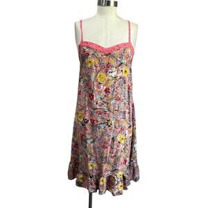 World Market Boho Floral Slip Dress Size S/M Pink Yellow Ruffle Hem